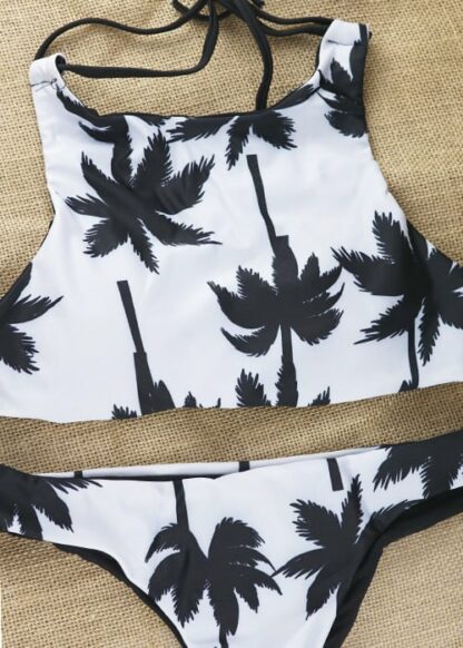 Coconut palm tree print criss cross back bikini set 73 detail