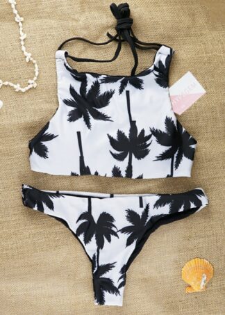 Coconut palm tree print criss cross back bikini set 73 flatlay full