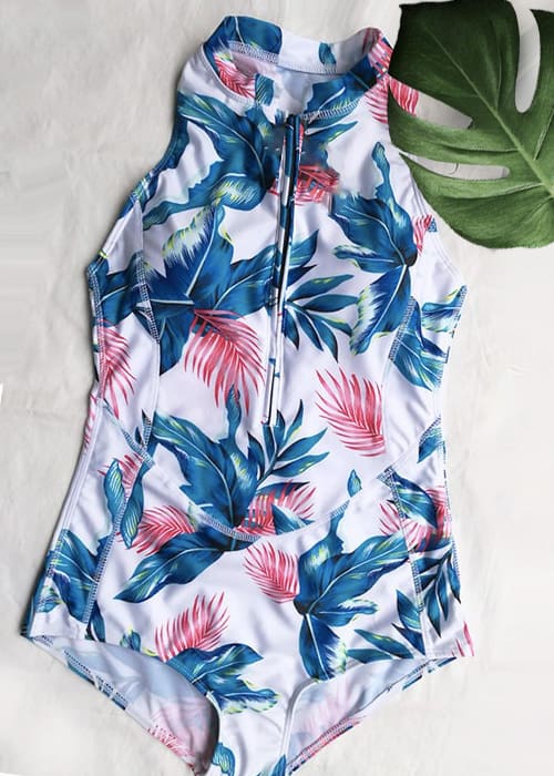 Hypegem Tropical Leaf Print Zip Front Swimsuit - Hypegem