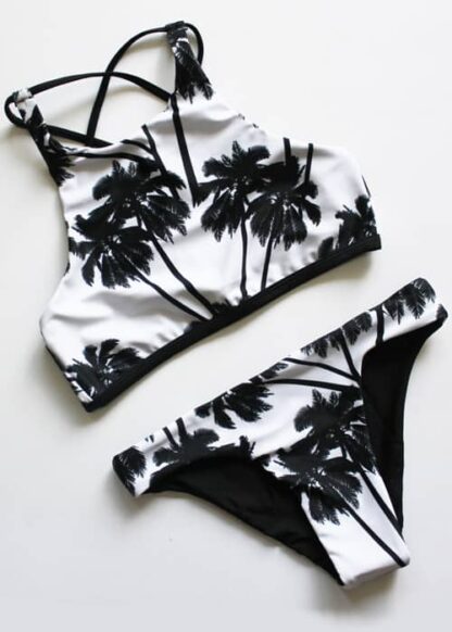 Hypegem Coconut palm tree print criss cross back bikini set flatlay side 73